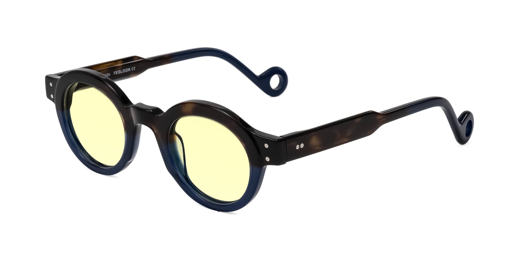 Angle of Aldo in Dark Tortoise/Midnight Blue with Light Yellow Tinted Lenses