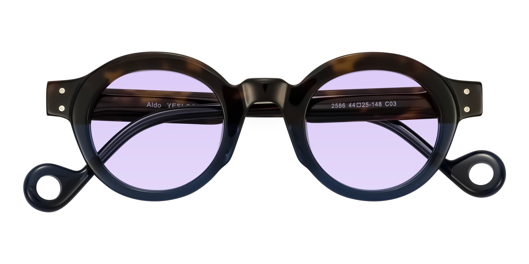Folded Front of Aldo in Dark Tortoise/Midnight Blue with Light Purple Tinted Lenses