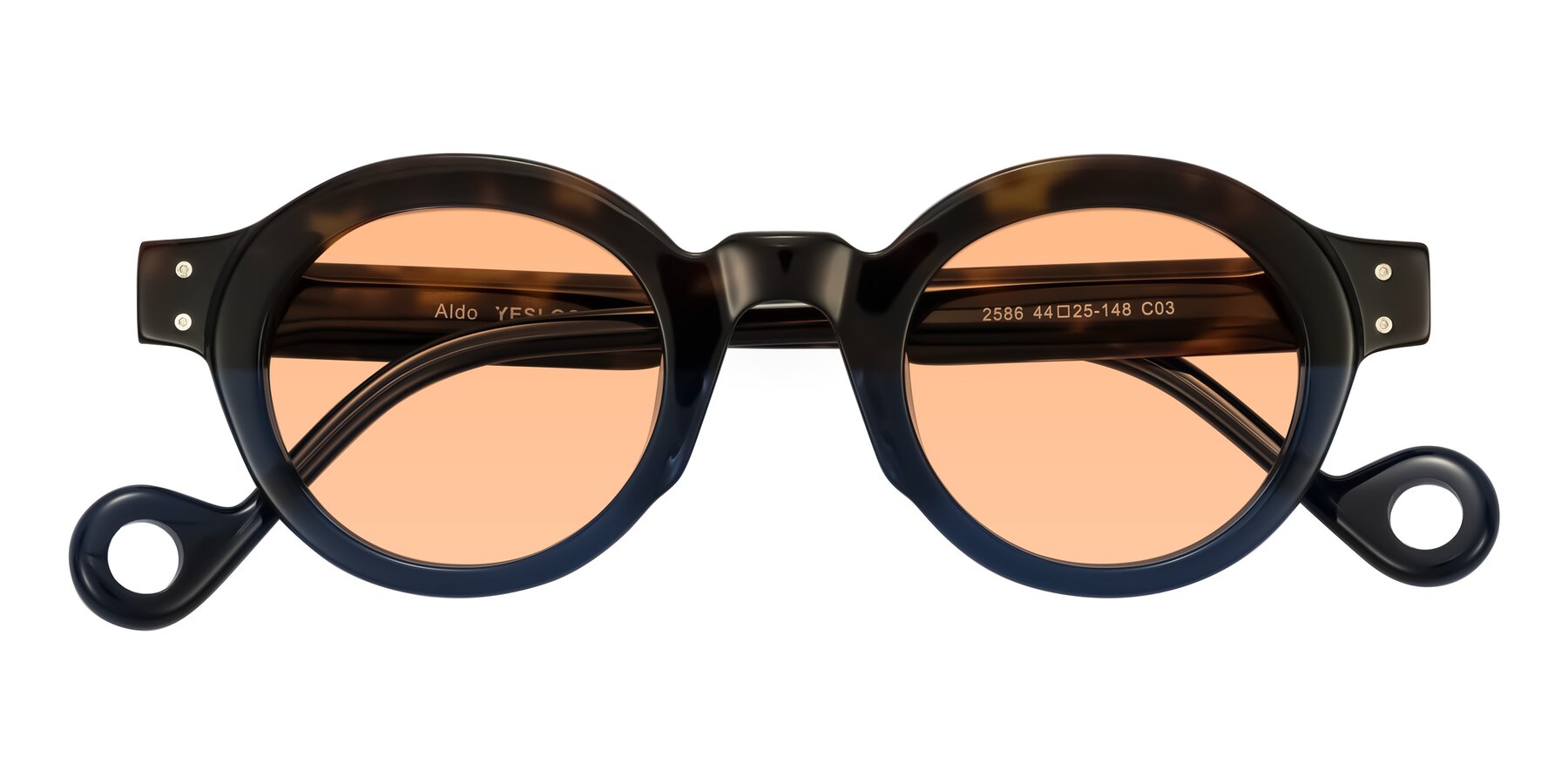 Folded Front of Aldo in Dark Tortoise/Midnight Blue with Light Orange Tinted Lenses