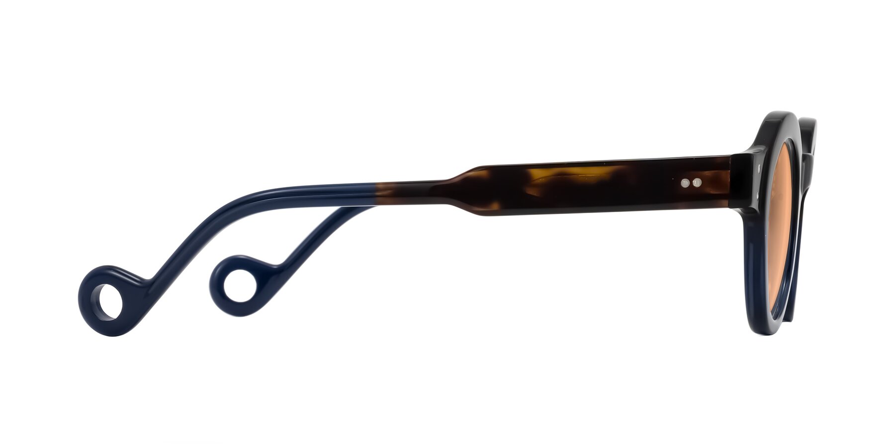 Side of Aldo in Dark Tortoise/Midnight Blue with Light Orange Tinted Lenses