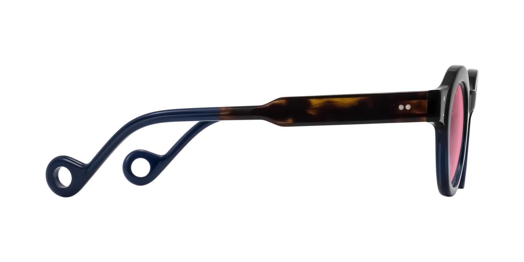 Side of Aldo in Dark Tortoise/Midnight Blue with Pink Tinted Lenses