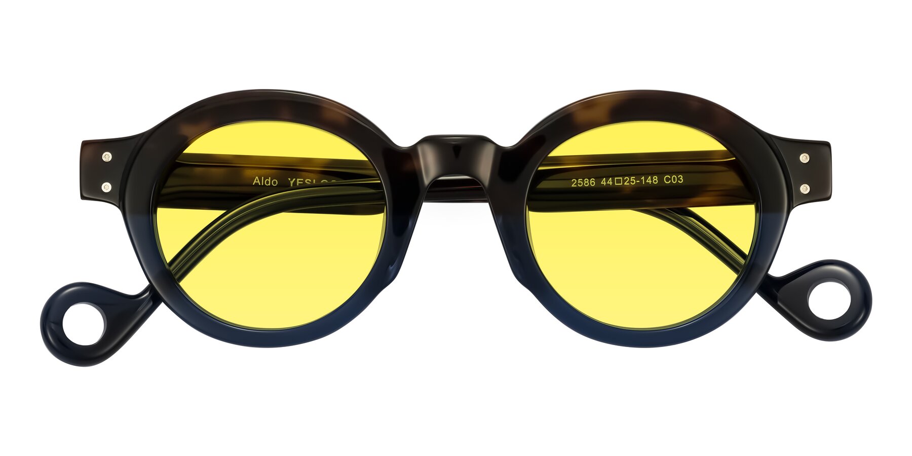 Folded Front of Aldo in Dark Tortoise/Midnight Blue with Medium Yellow Tinted Lenses
