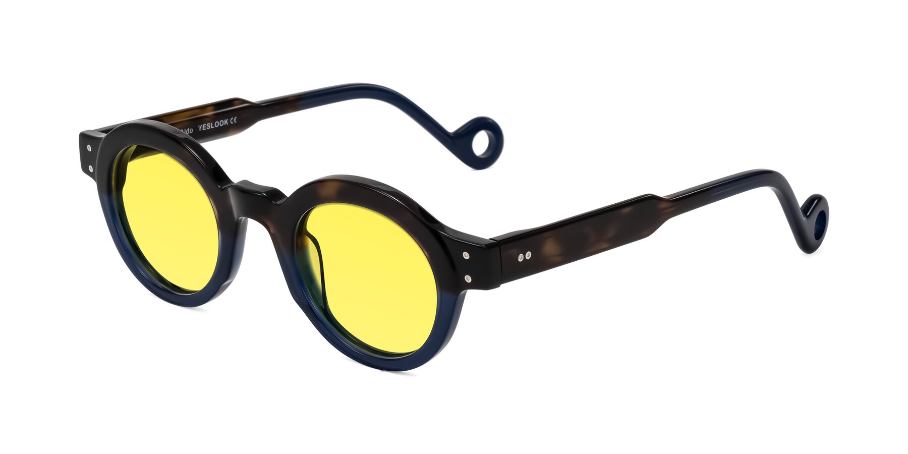 Angle of Aldo in Dark Tortoise/Midnight Blue with Medium Yellow Tinted Lenses