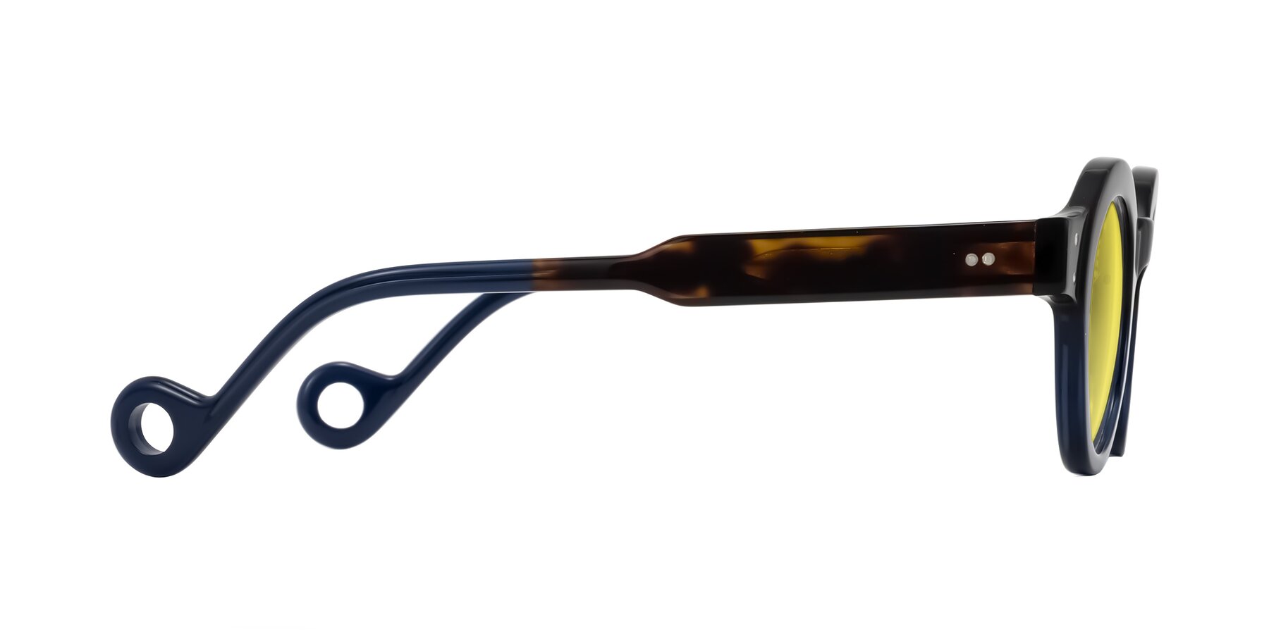 Side of Aldo in Dark Tortoise/Midnight Blue with Medium Yellow Tinted Lenses