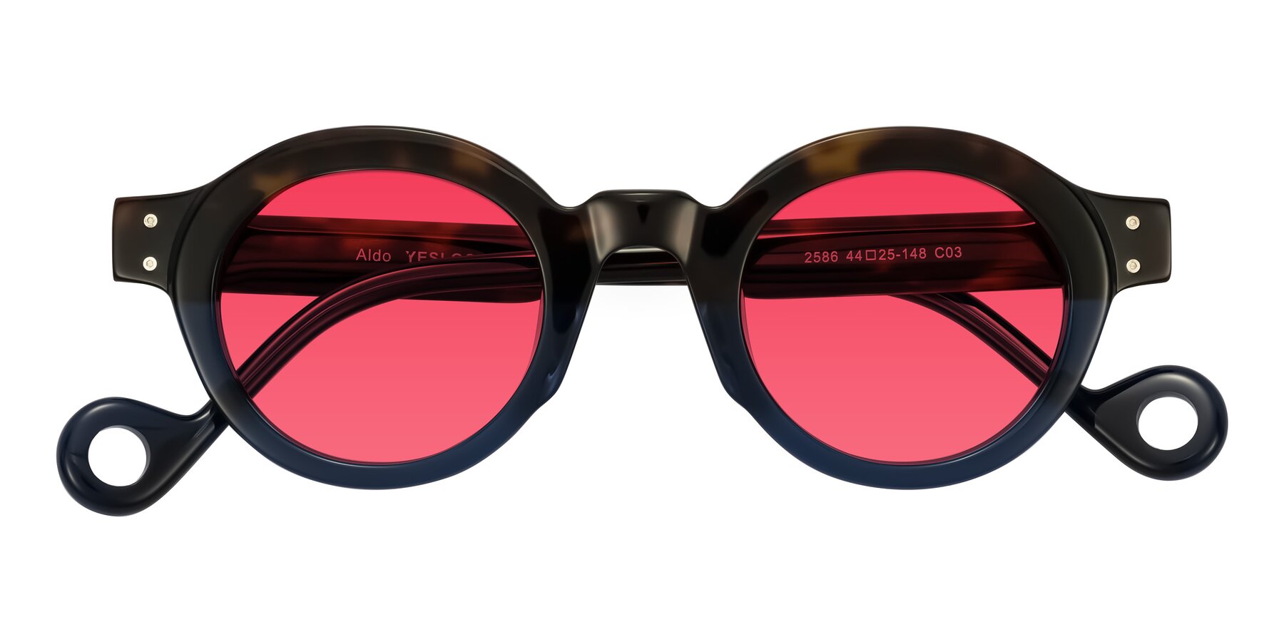 Folded Front of Aldo in Dark Tortoise/Midnight Blue with Red Tinted Lenses