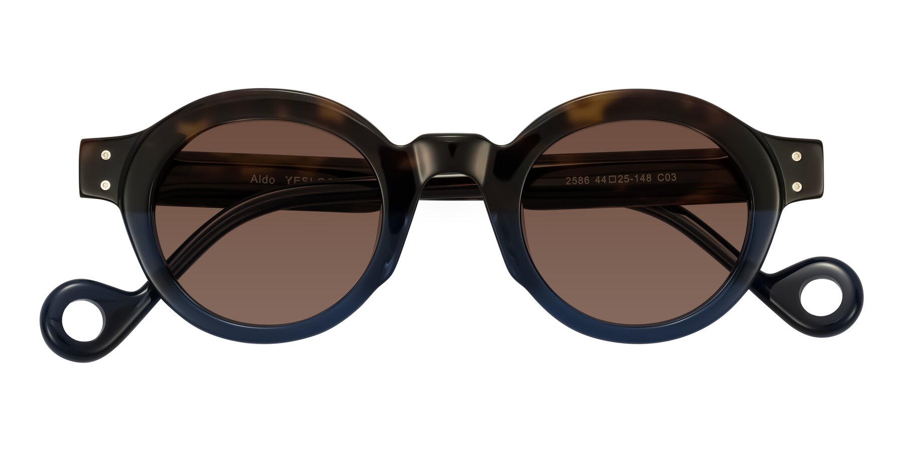Folded Front of Aldo in Dark Tortoise/Midnight Blue with Brown Tinted Lenses