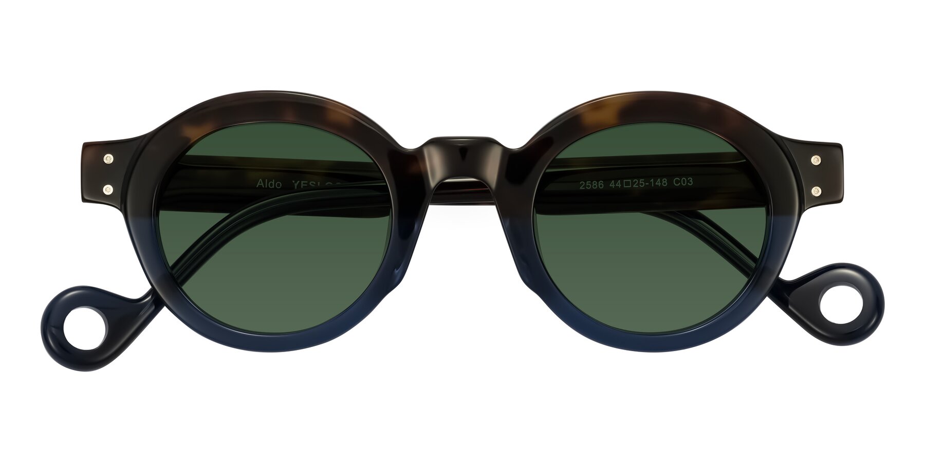 Folded Front of Aldo in Dark Tortoise/Midnight Blue with Green Tinted Lenses