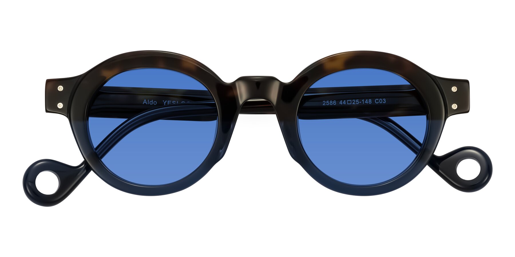 Folded Front of Aldo in Dark Tortoise/Midnight Blue with Blue Tinted Lenses
