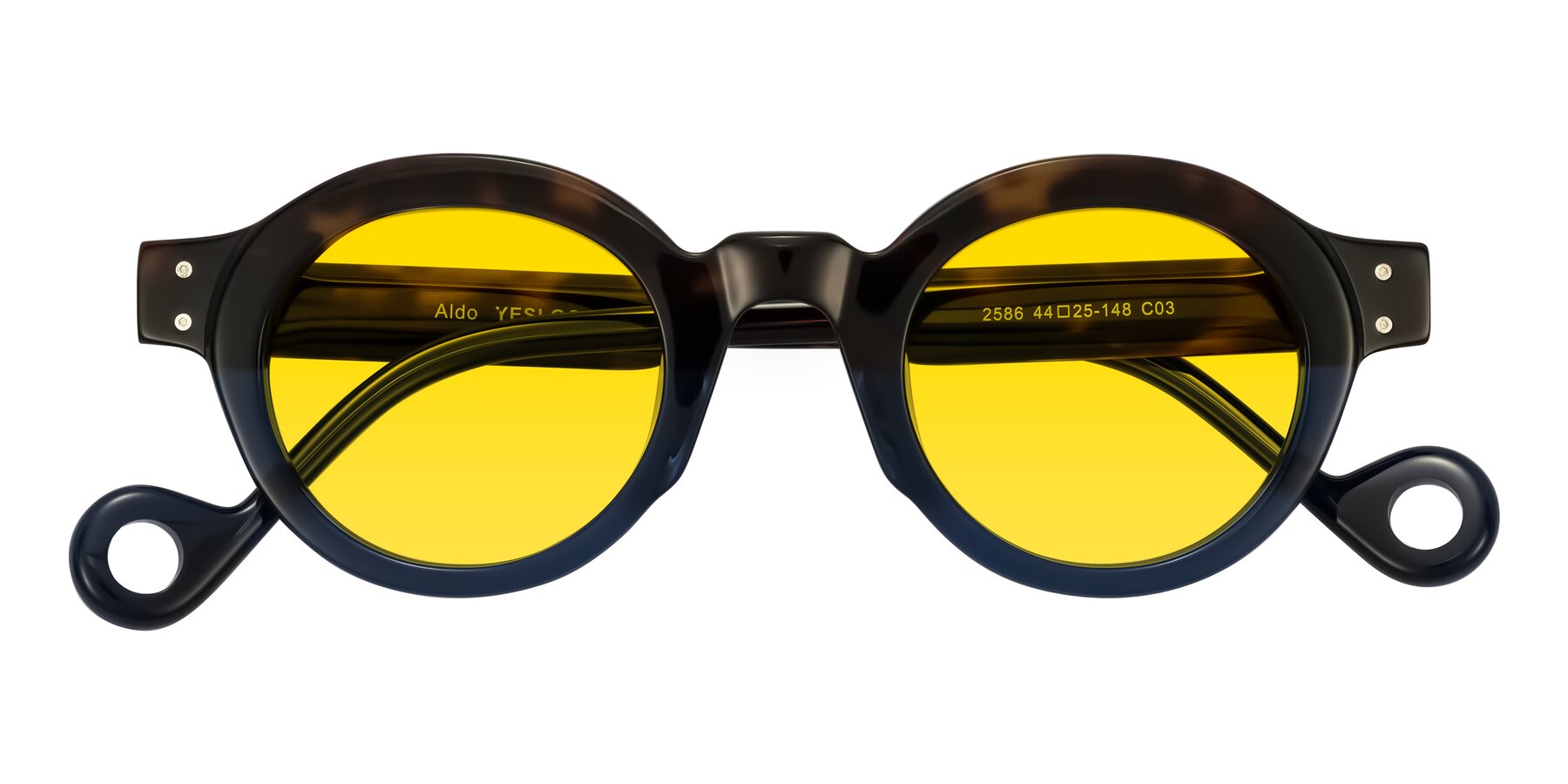 Folded Front of Aldo in Dark Tortoise/Midnight Blue with Yellow Tinted Lenses