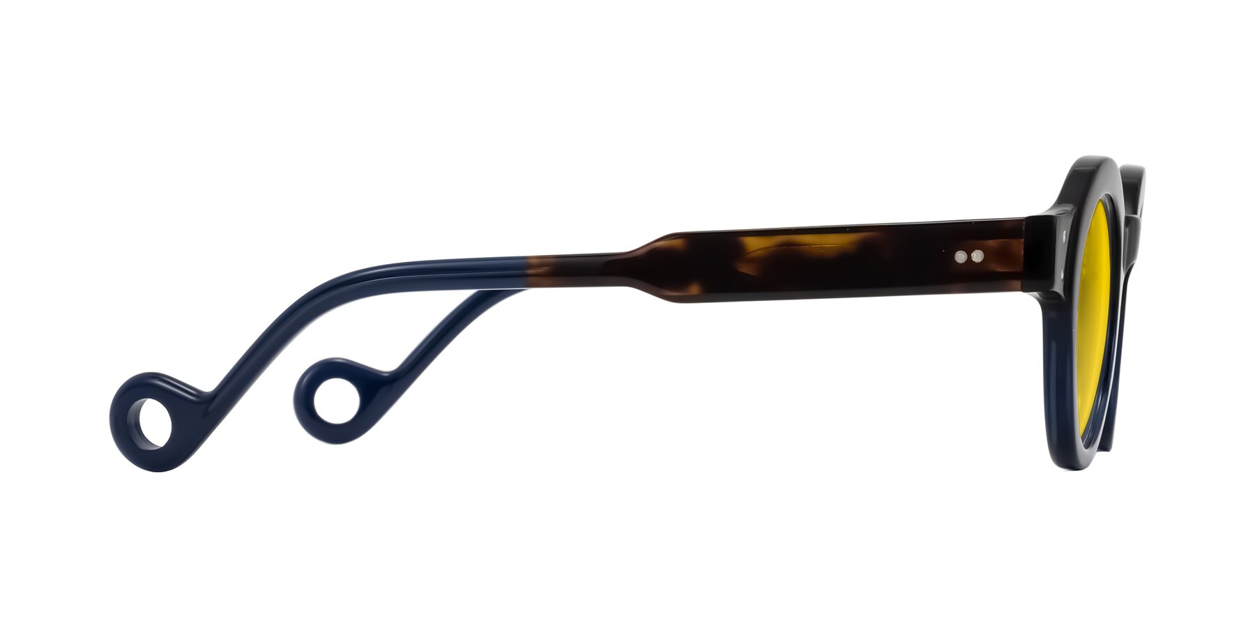 Side of Aldo in Dark Tortoise/Midnight Blue with Yellow Tinted Lenses