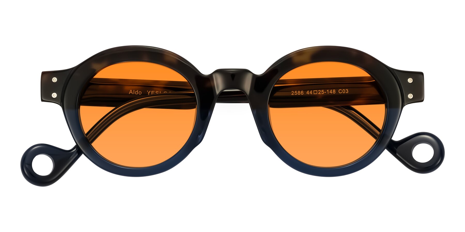 Folded Front of Aldo in Dark Tortoise/Midnight Blue with Orange Tinted Lenses