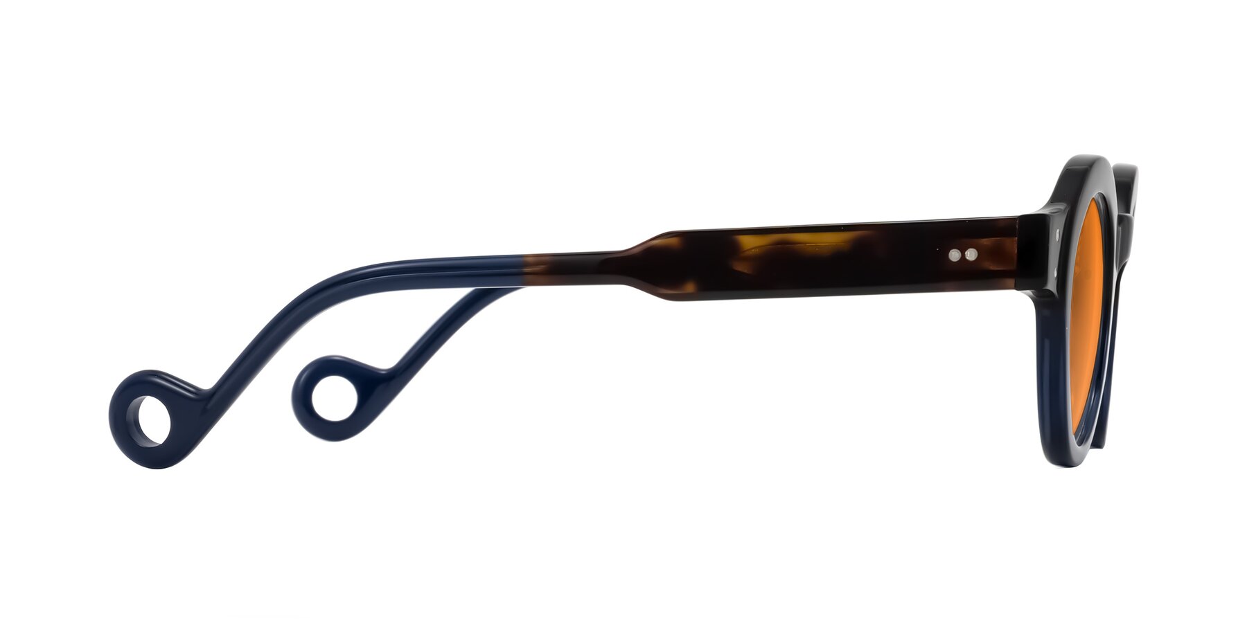 Side of Aldo in Dark Tortoise/Midnight Blue with Orange Tinted Lenses