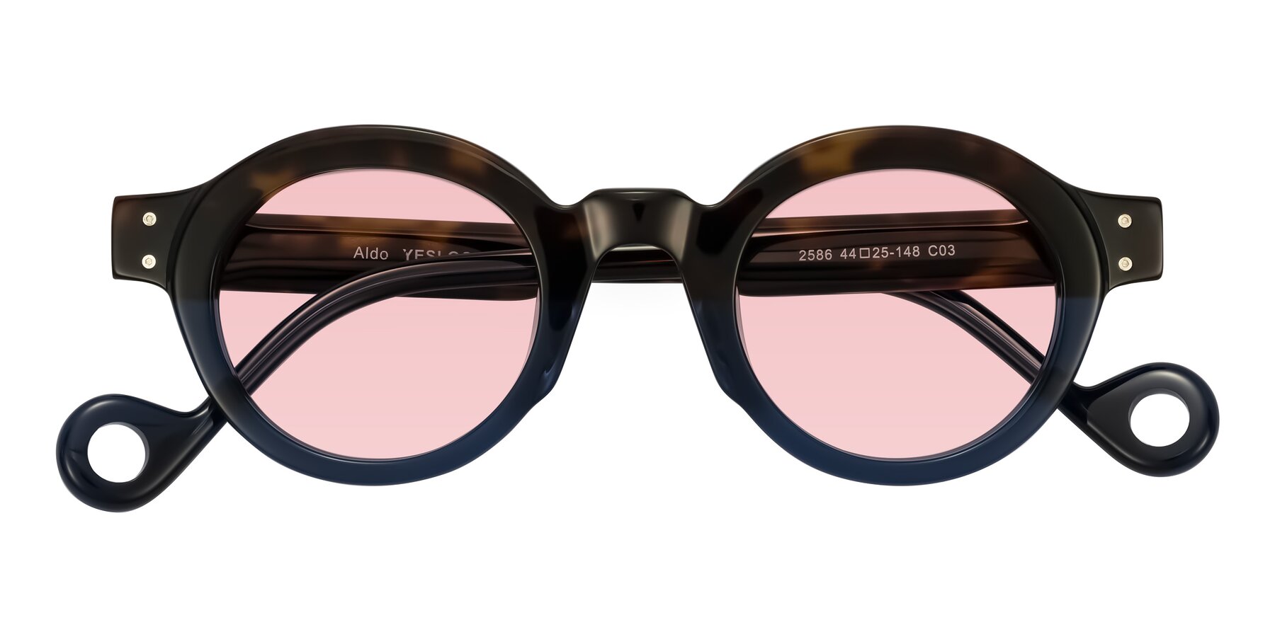 Folded Front of Aldo in Dark Tortoise/Midnight Blue with Light Garnet Tinted Lenses