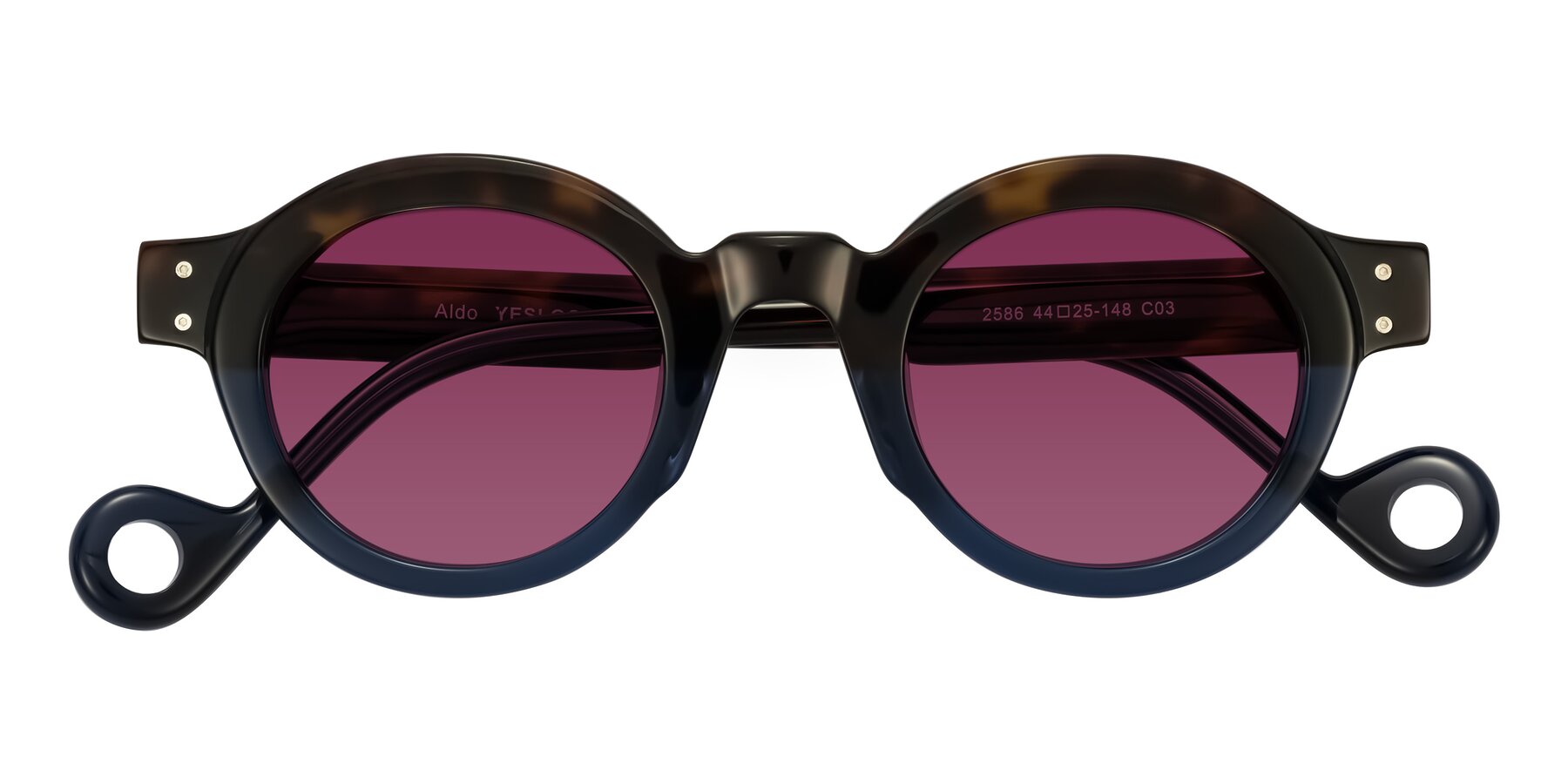 Folded Front of Aldo in Dark Tortoise/Midnight Blue with Wine Tinted Lenses