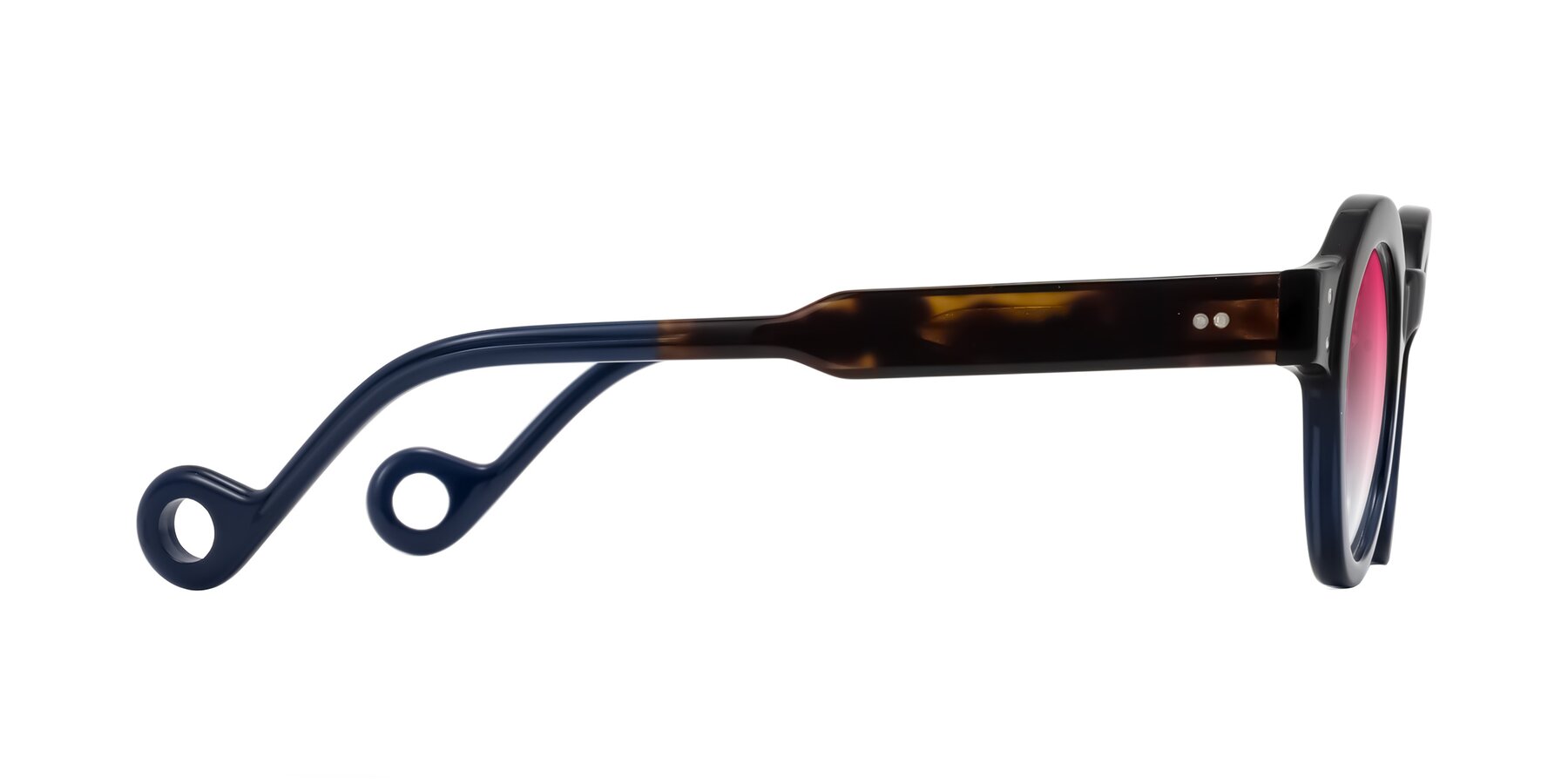 Side of Aldo in Dark Tortoise/Midnight Blue with Pink Gradient Lenses