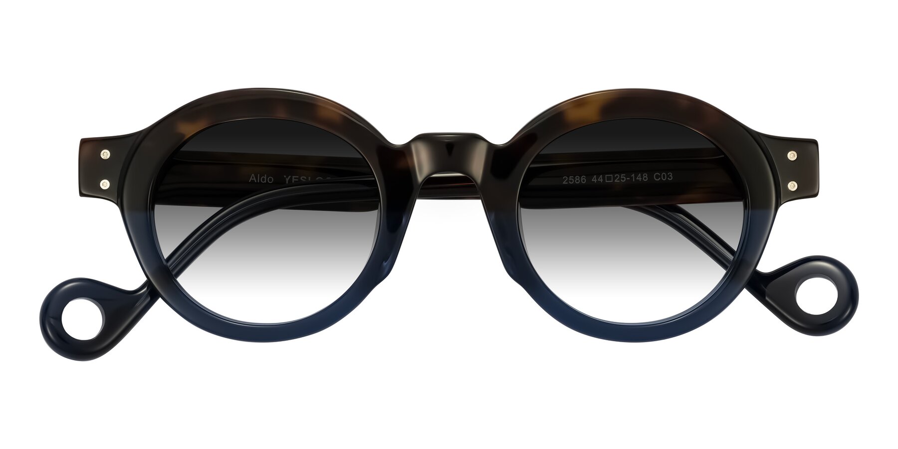 Folded Front of Aldo in Dark Tortoise/Midnight Blue with Gray Gradient Lenses
