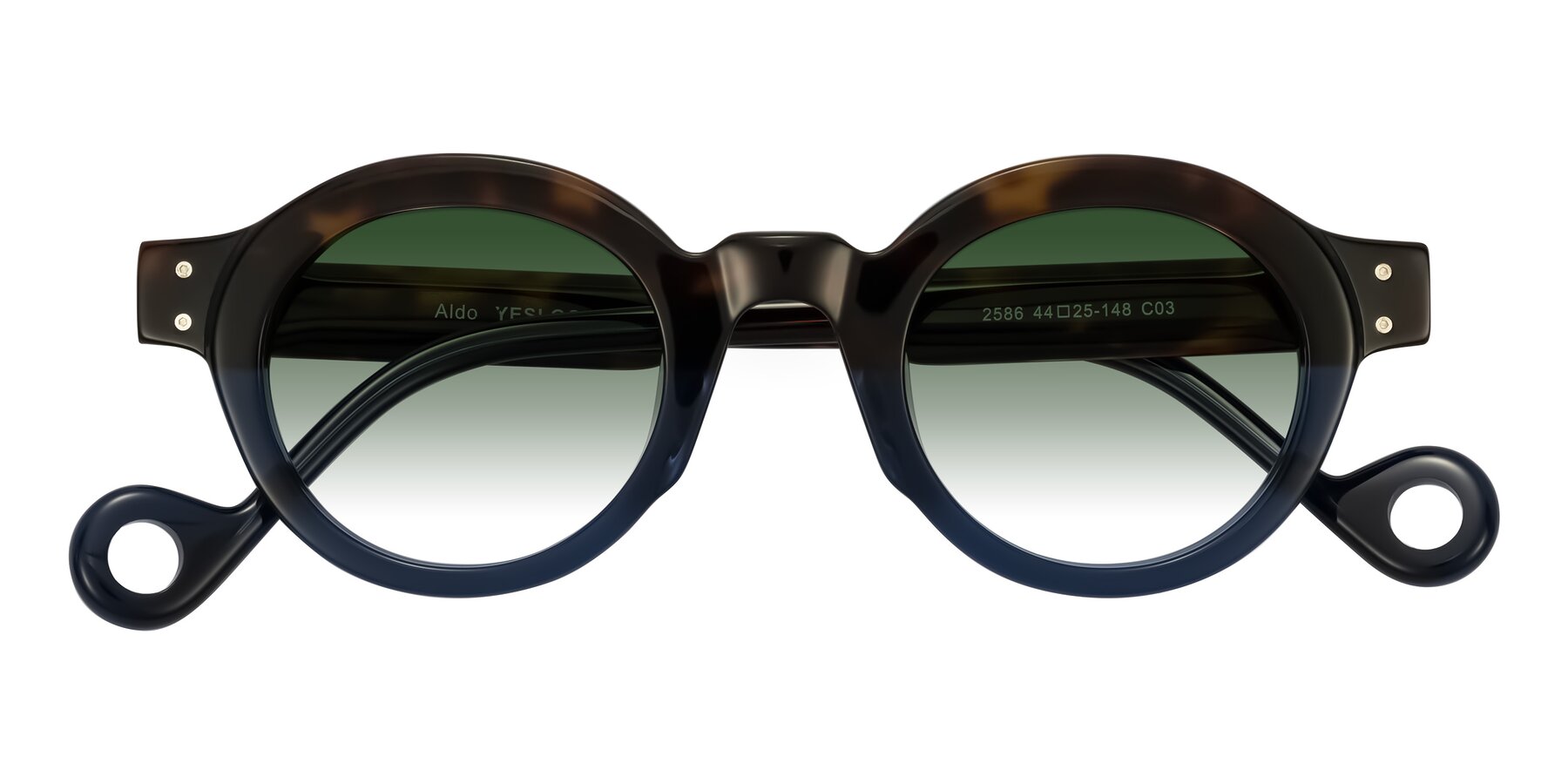 Folded Front of Aldo in Dark Tortoise/Midnight Blue with Green Gradient Lenses