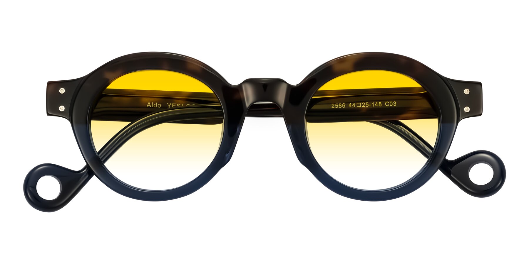 Folded Front of Aldo in Dark Tortoise/Midnight Blue with Yellow Gradient Lenses