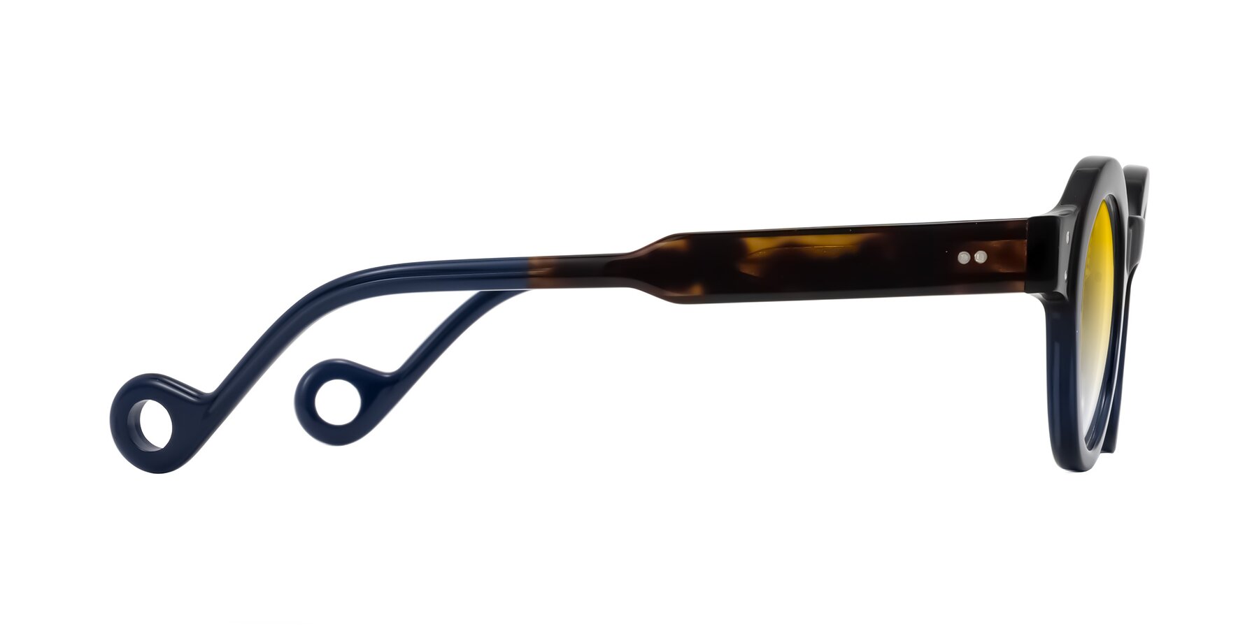 Side of Aldo in Dark Tortoise/Midnight Blue with Yellow Gradient Lenses