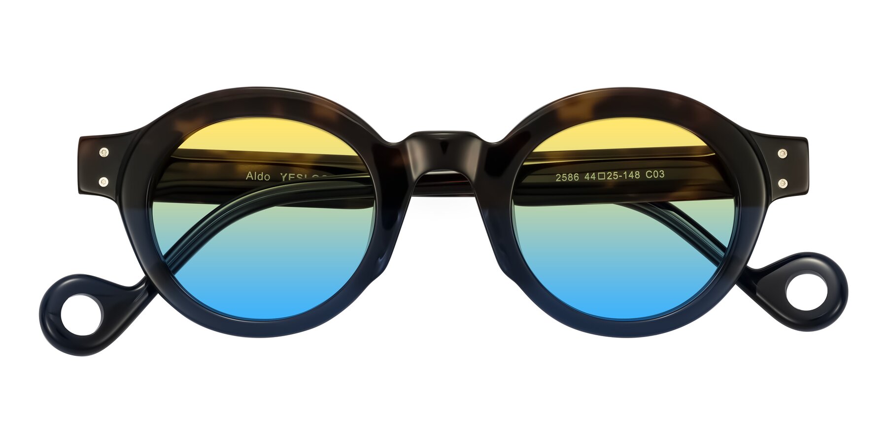 Folded Front of Aldo in Dark Tortoise/Midnight Blue with Yellow / Blue Gradient Lenses