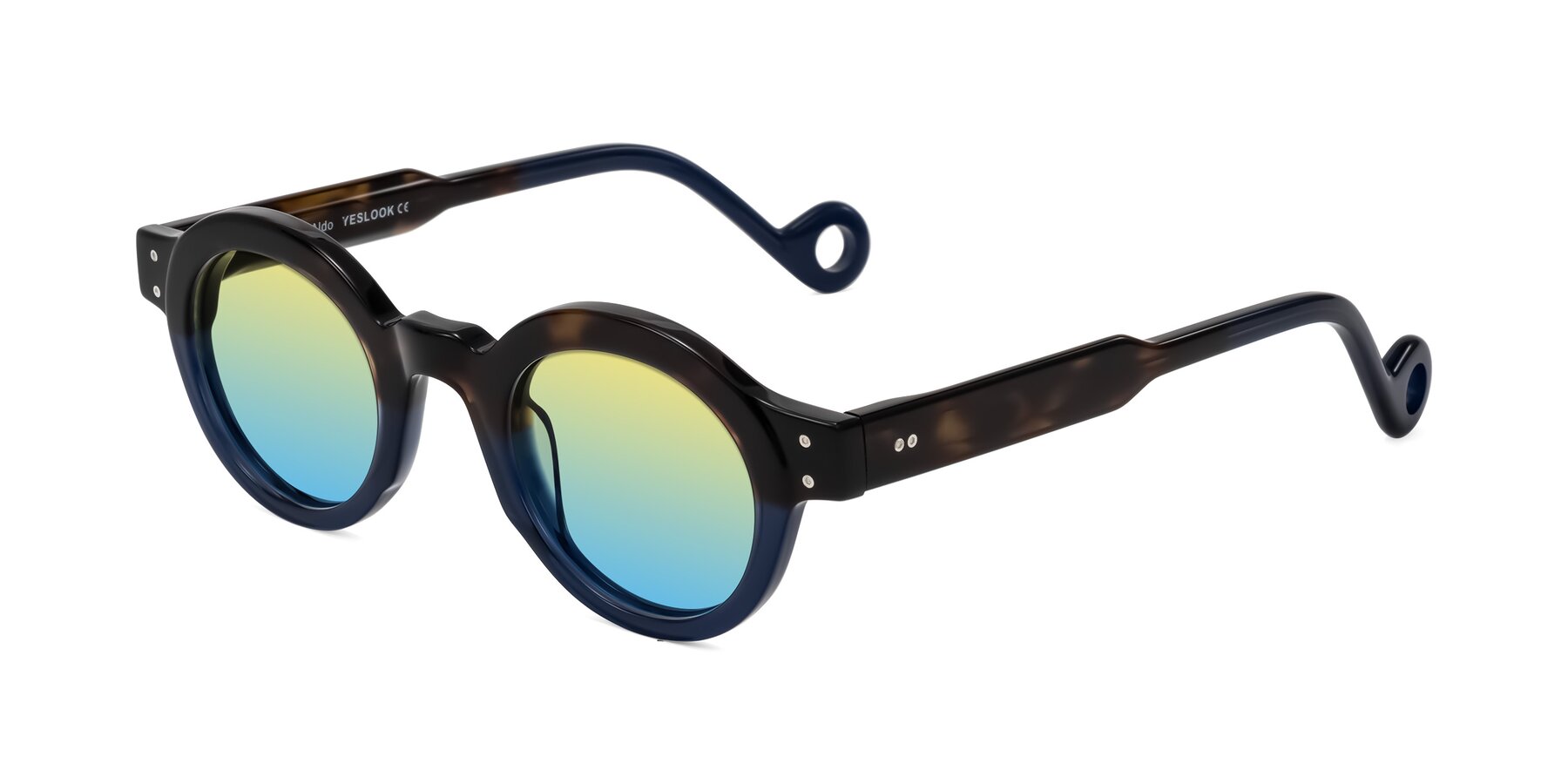 Angle of Aldo in Dark Tortoise/Midnight Blue with Yellow / Blue Gradient Lenses