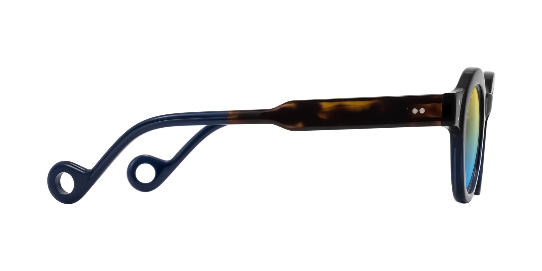 Side of Aldo in Dark Tortoise/Midnight Blue with Yellow / Blue Gradient Lenses