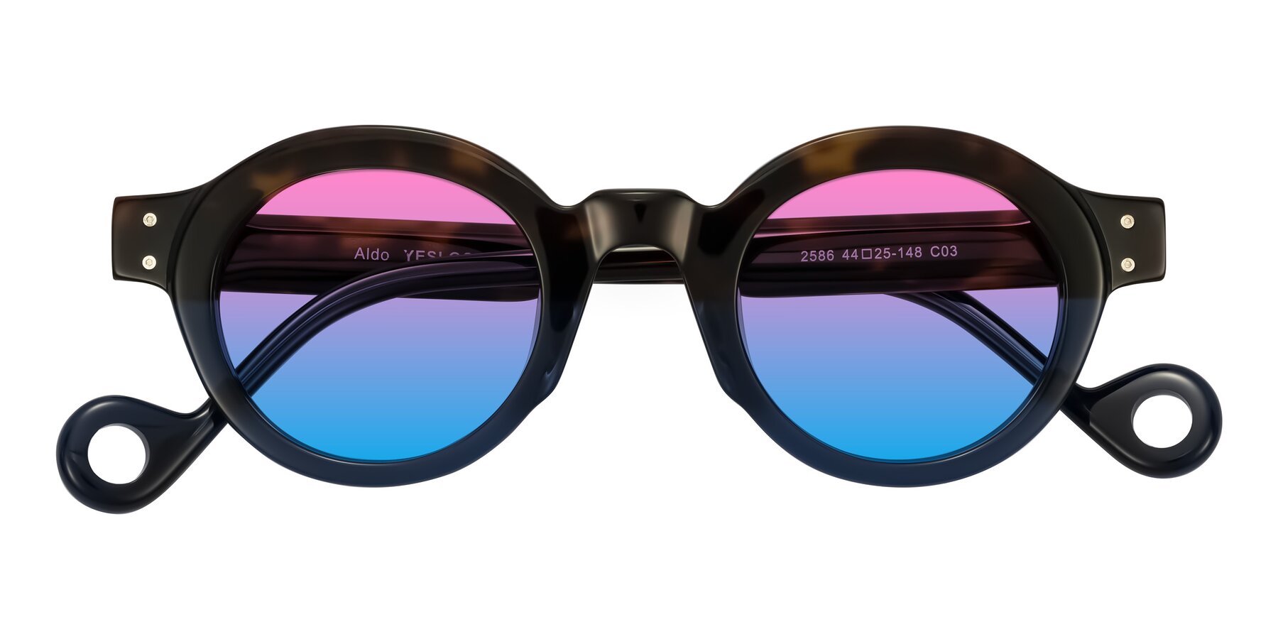 Folded Front of Aldo in Dark Tortoise/Midnight Blue with Pink / Blue Gradient Lenses