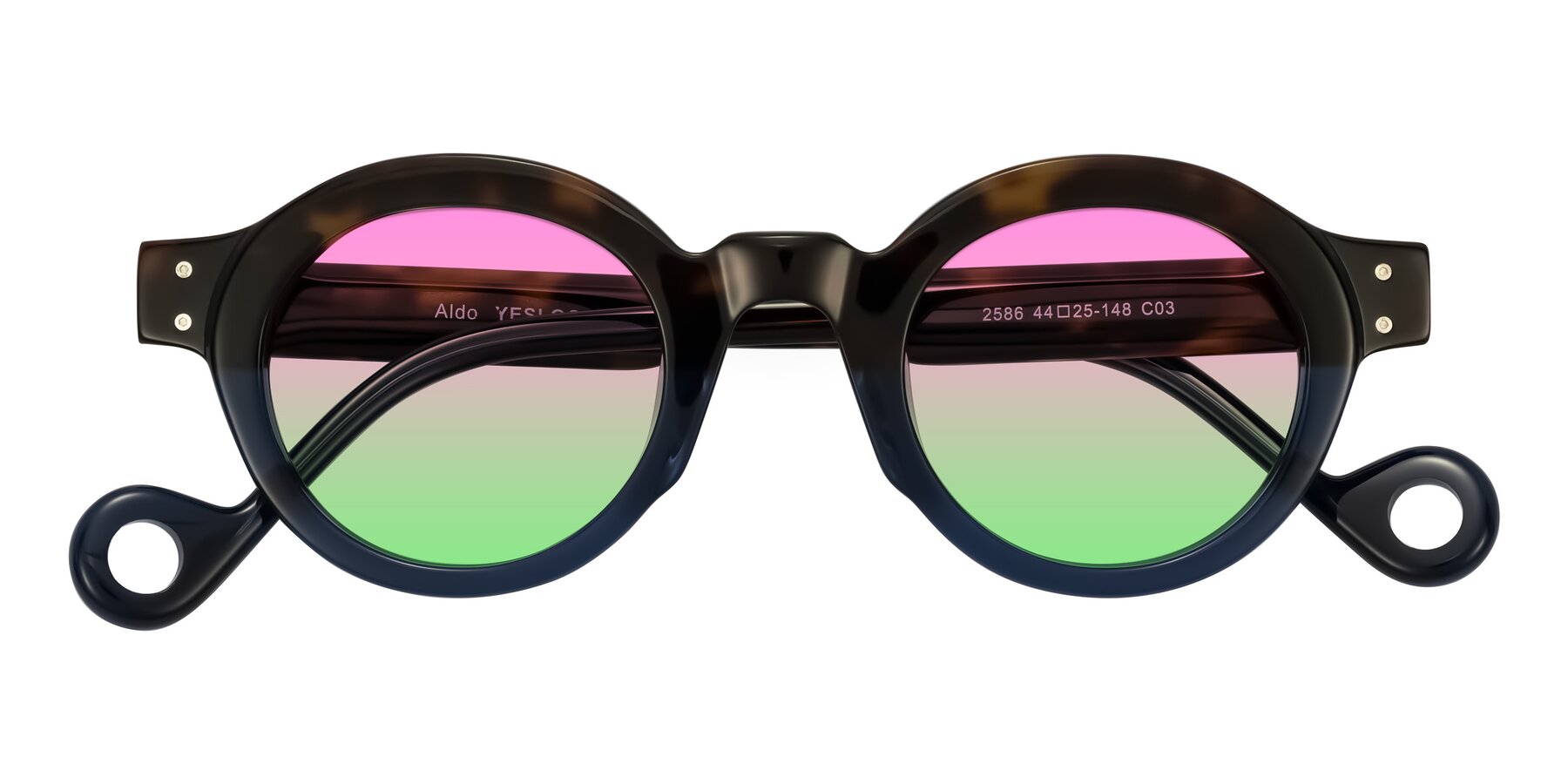 Folded Front of Aldo in Dark Tortoise/Midnight Blue with Pink / Green Gradient Lenses