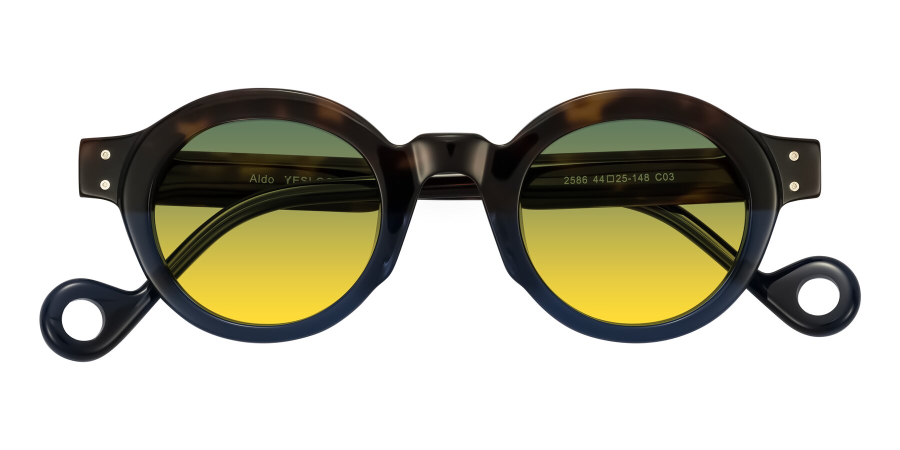Folded Front of Aldo in Dark Tortoise/Midnight Blue with Green / Yellow Gradient Lenses