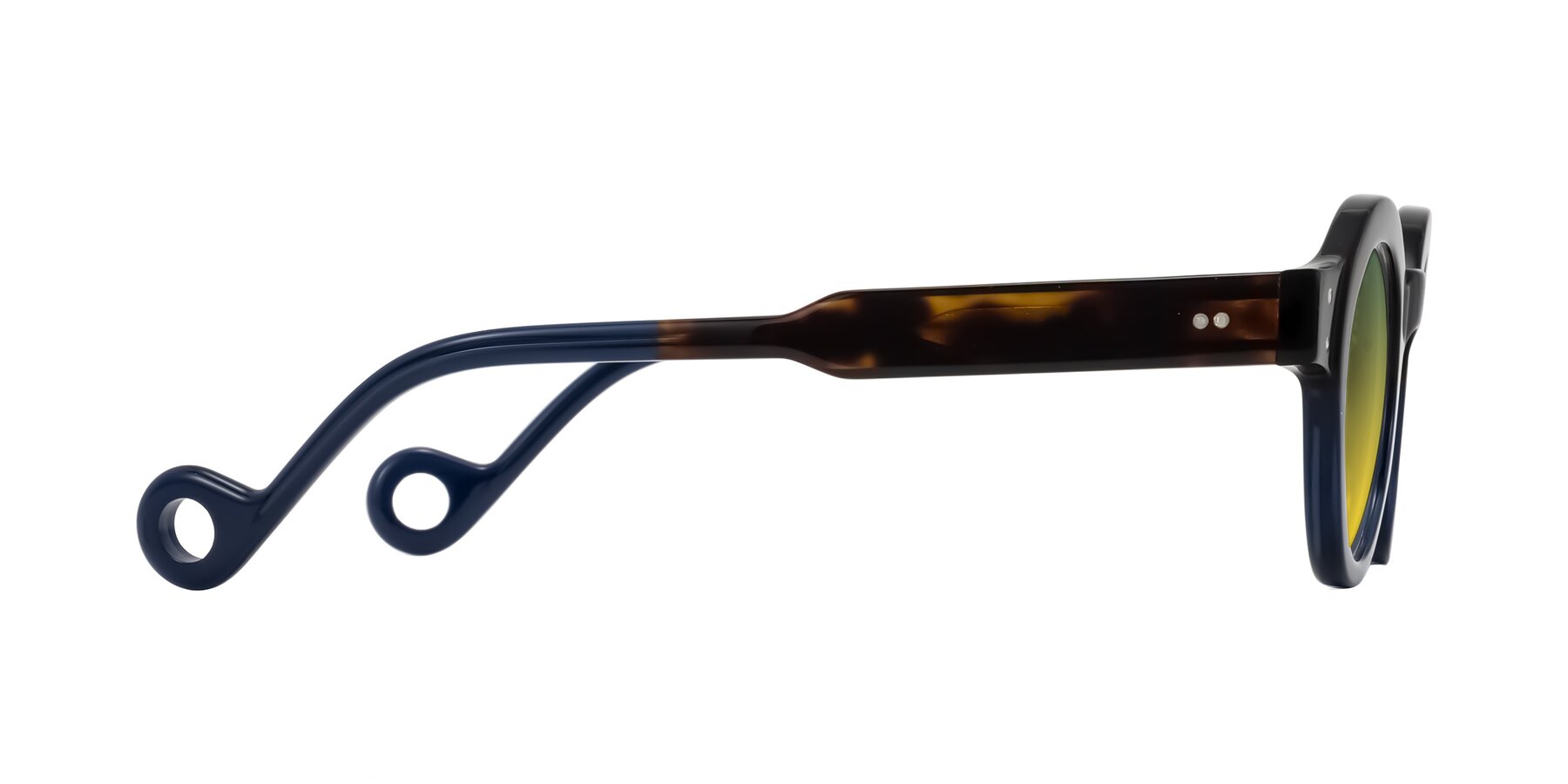 Side of Aldo in Dark Tortoise/Midnight Blue with Green / Yellow Gradient Lenses