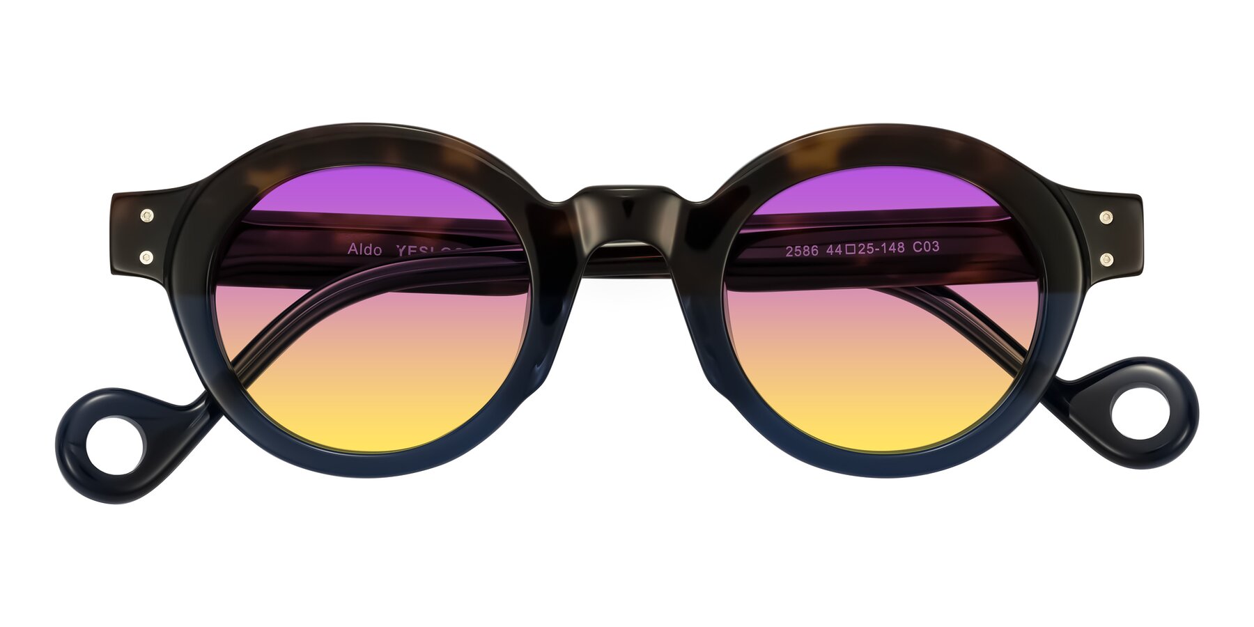Folded Front of Aldo in Dark Tortoise/Midnight Blue with Purple / Yellow Gradient Lenses
