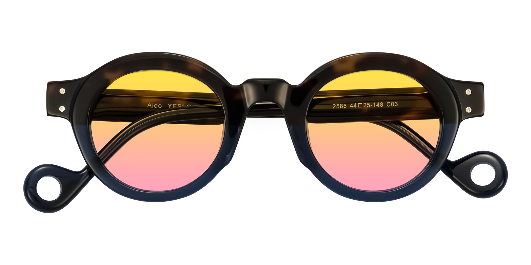 Folded Front of Aldo in Dark Tortoise/Midnight Blue with Yellow / Pink Gradient Lenses