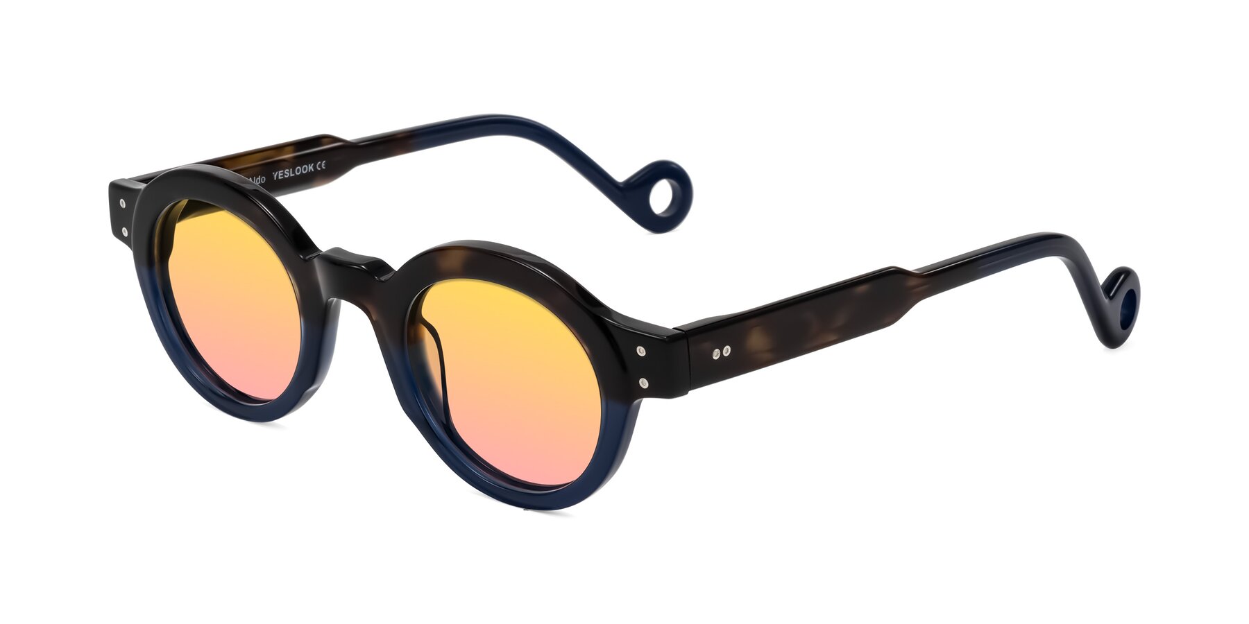 Angle of Aldo in Dark Tortoise/Midnight Blue with Yellow / Pink Gradient Lenses