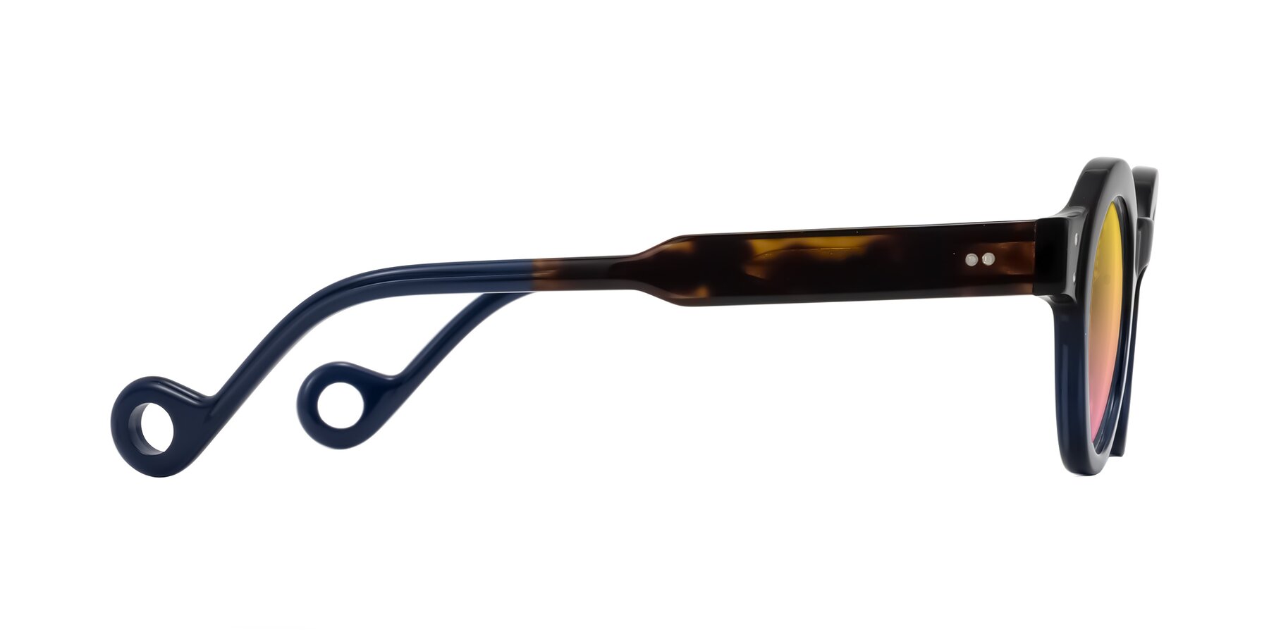 Side of Aldo in Dark Tortoise/Midnight Blue with Yellow / Pink Gradient Lenses