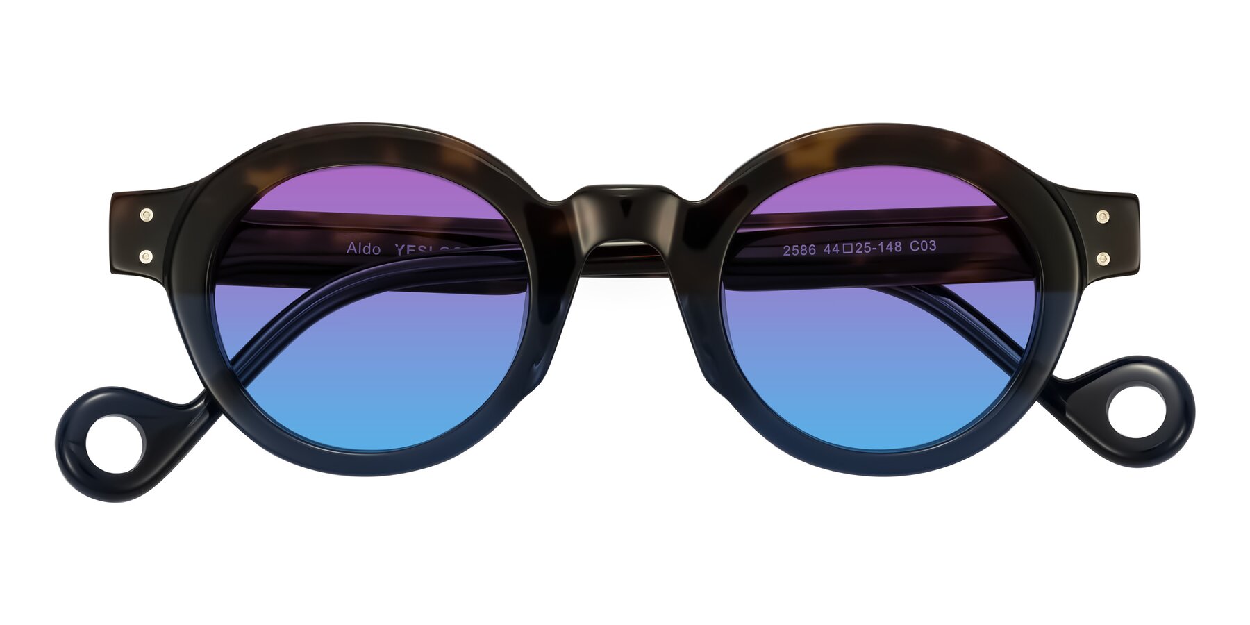 Folded Front of Aldo in Dark Tortoise/Midnight Blue with Purple / Blue Gradient Lenses