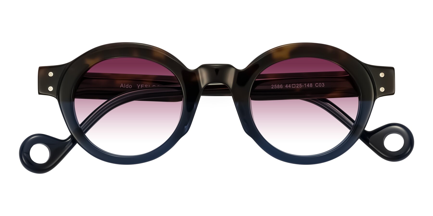 Folded Front of Aldo in Dark Tortoise/Midnight Blue with Wine Gradient Lenses
