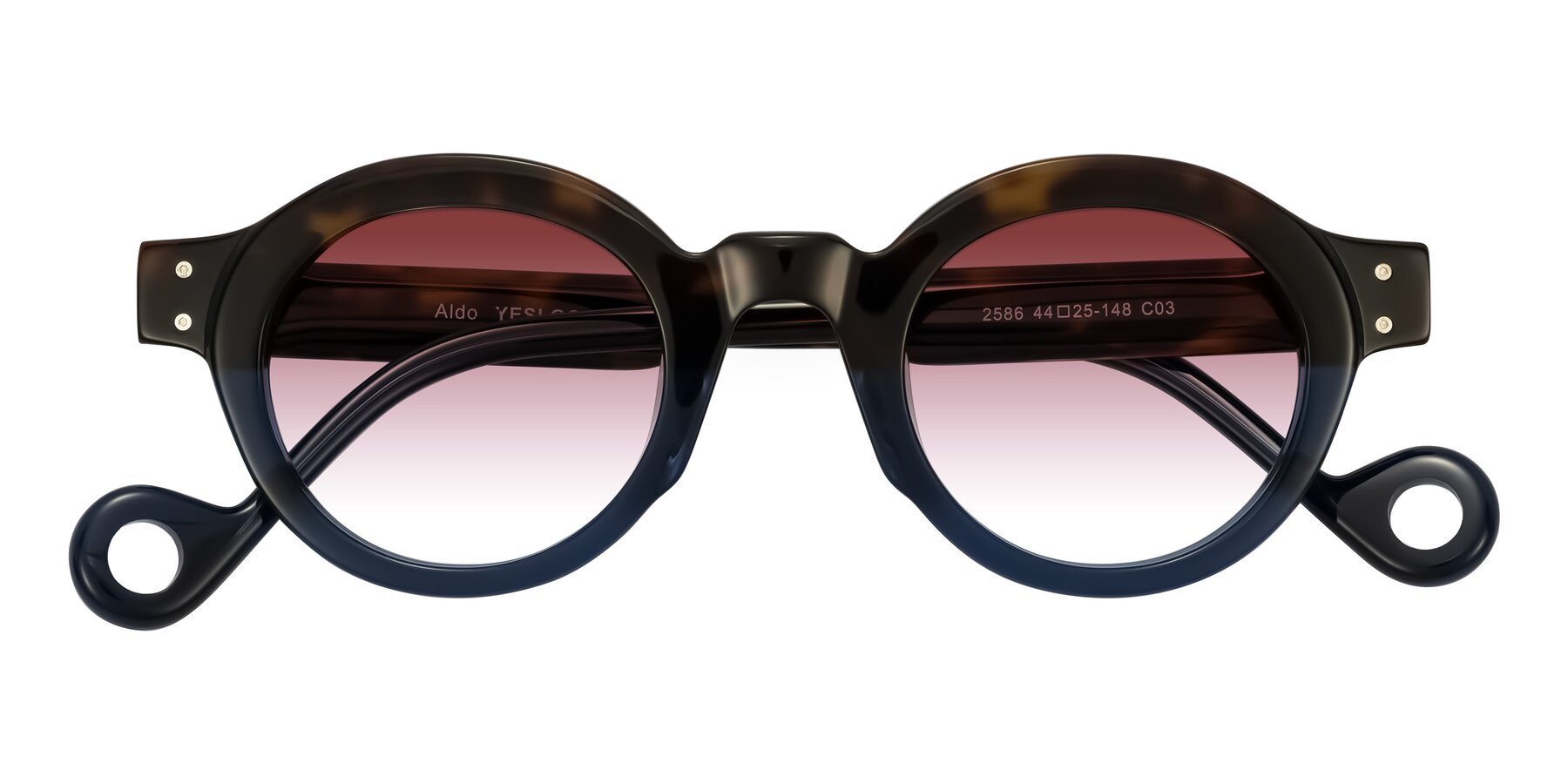Folded Front of Aldo in Dark Tortoise/Midnight Blue with Garnet Gradient Lenses