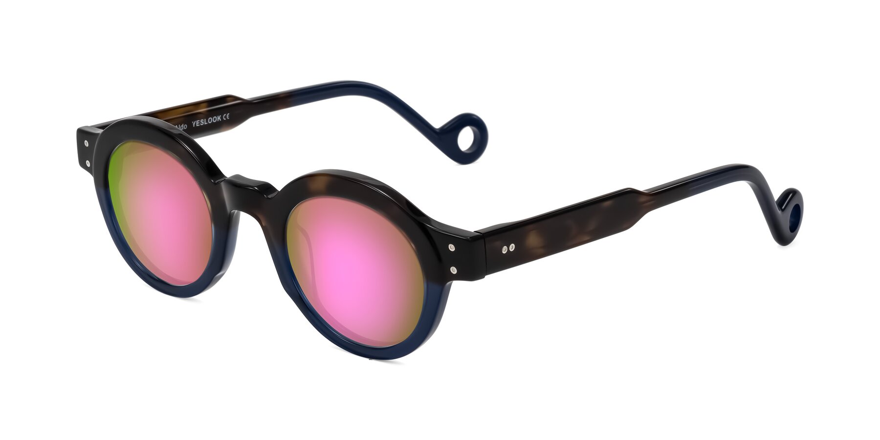 Angle of Aldo in Dark Tortoise/Midnight Blue with Pink Mirrored Lenses