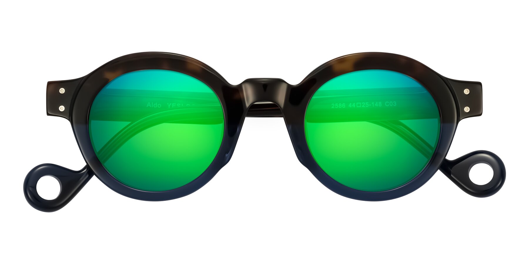 Folded Front of Aldo in Dark Tortoise/Midnight Blue with Green Mirrored Lenses