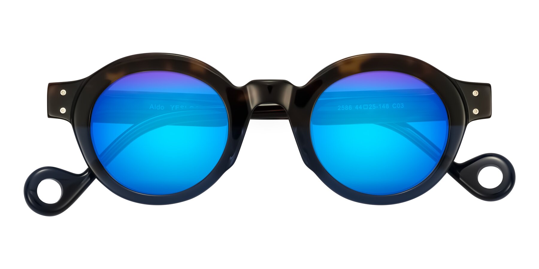 Folded Front of Aldo in Dark Tortoise/Midnight Blue with Blue Mirrored Lenses