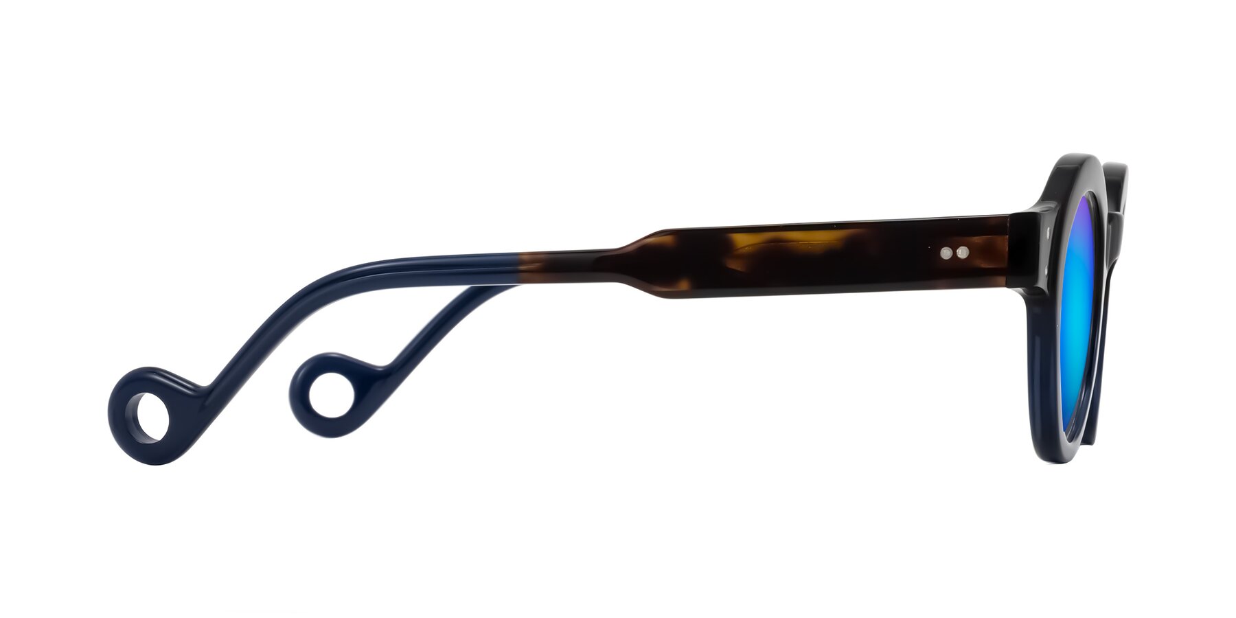 Side of Aldo in Dark Tortoise/Midnight Blue with Blue Mirrored Lenses