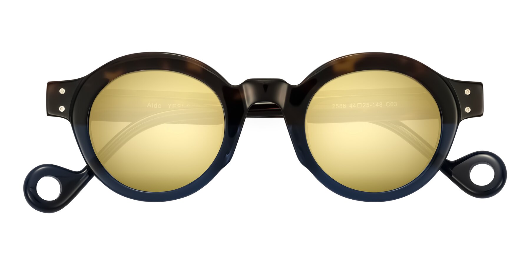 Folded Front of Aldo in Dark Tortoise/Midnight Blue with Gold Mirrored Lenses