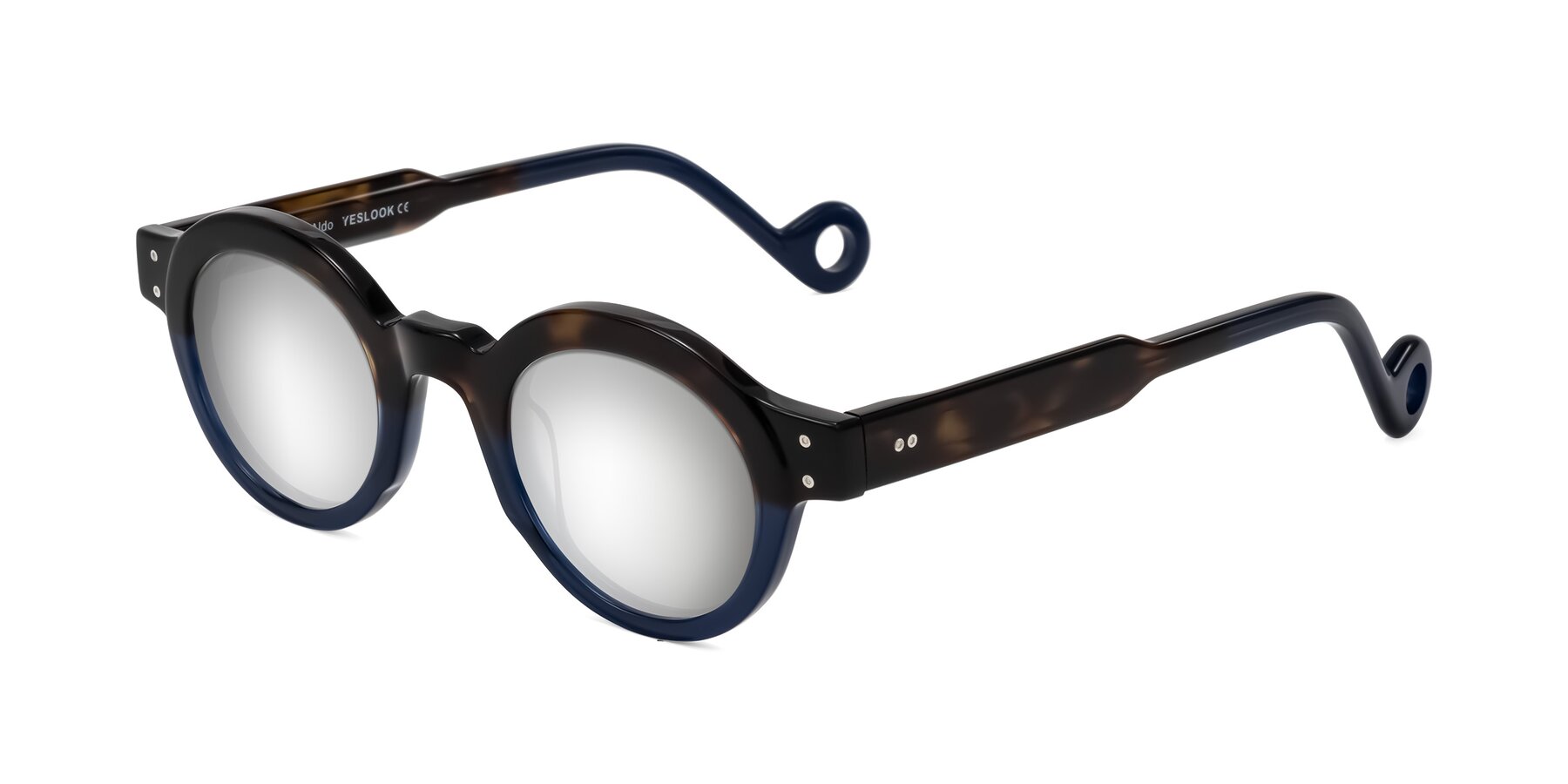 Angle of Aldo in Dark Tortoise/Midnight Blue with Silver Mirrored Lenses