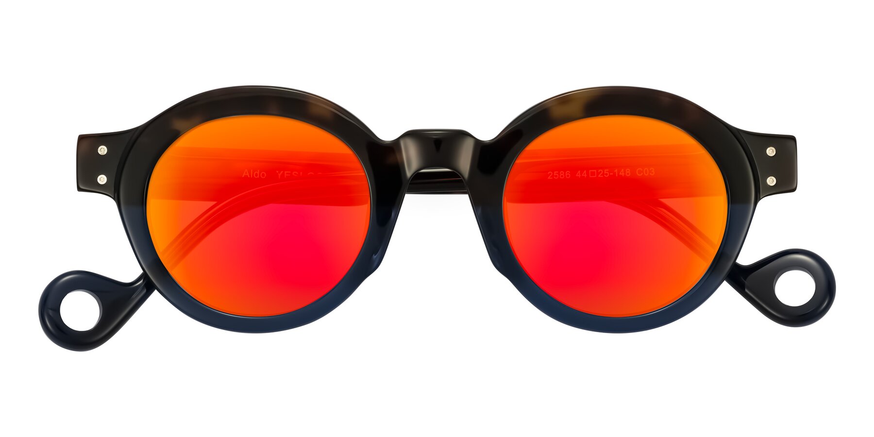 Folded Front of Aldo in Dark Tortoise/Midnight Blue with Red Gold Mirrored Lenses