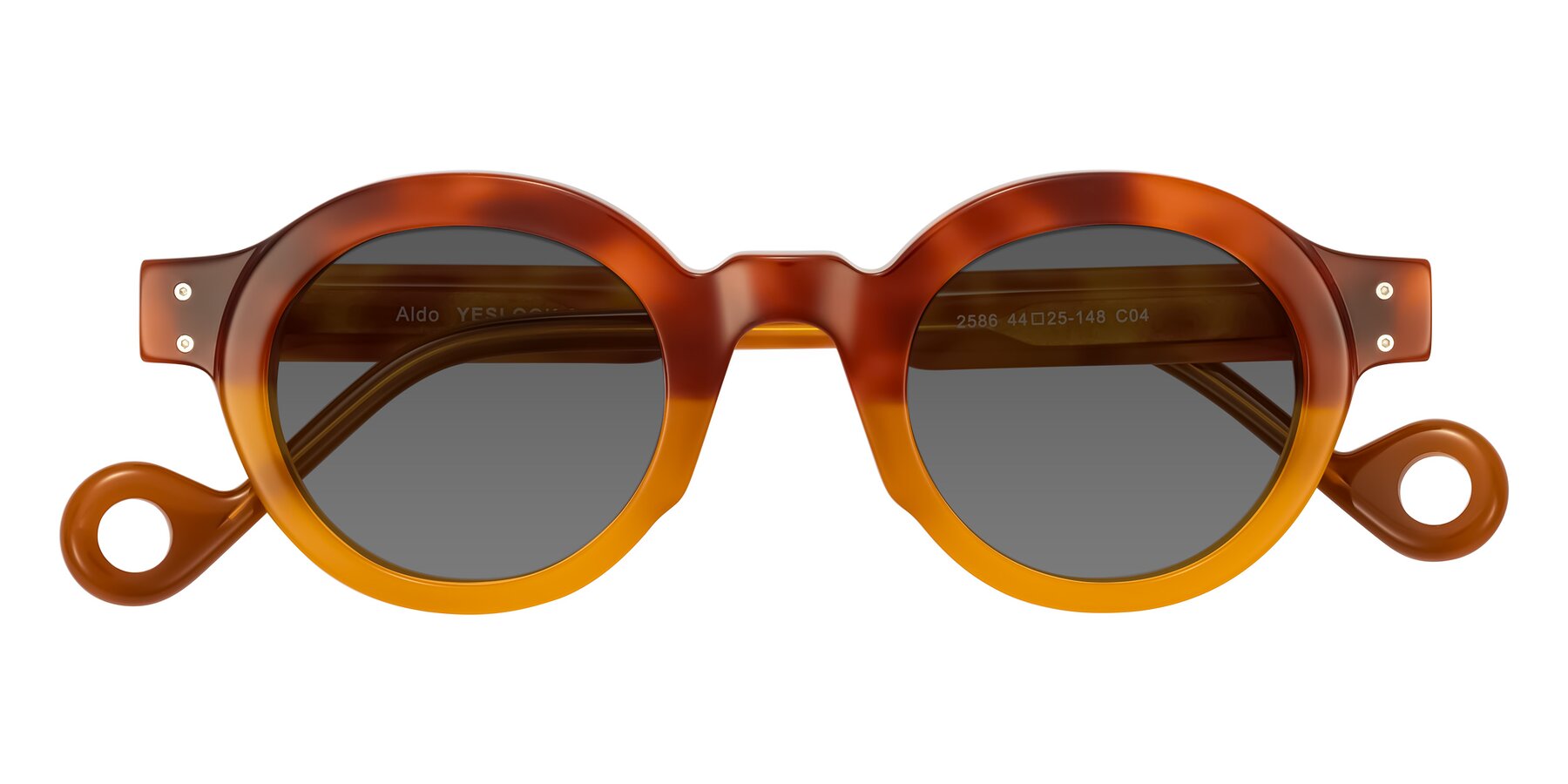 Folded Front of Aldo in Light Tortoise/Caramel with Medium Gray Tinted Lenses