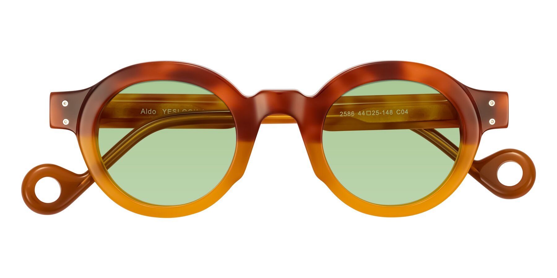 Folded Front of Aldo in Light Tortoise/Caramel with Medium Green Tinted Lenses