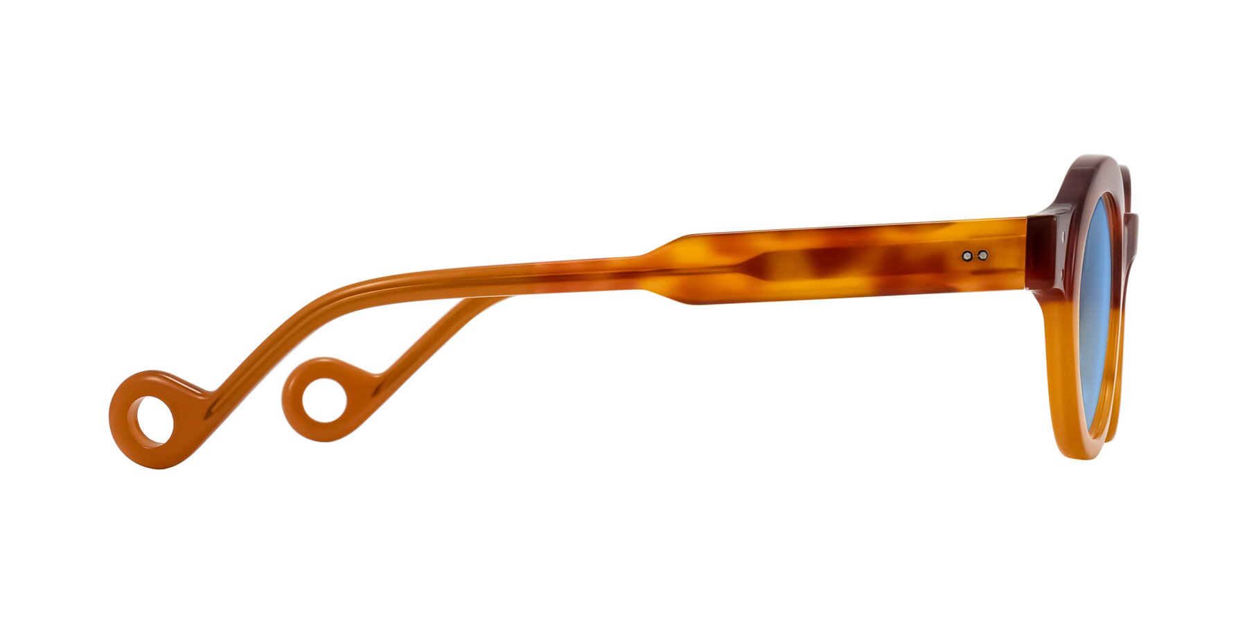 Side of Aldo in Light Tortoise/Caramel with Medium Blue Tinted Lenses