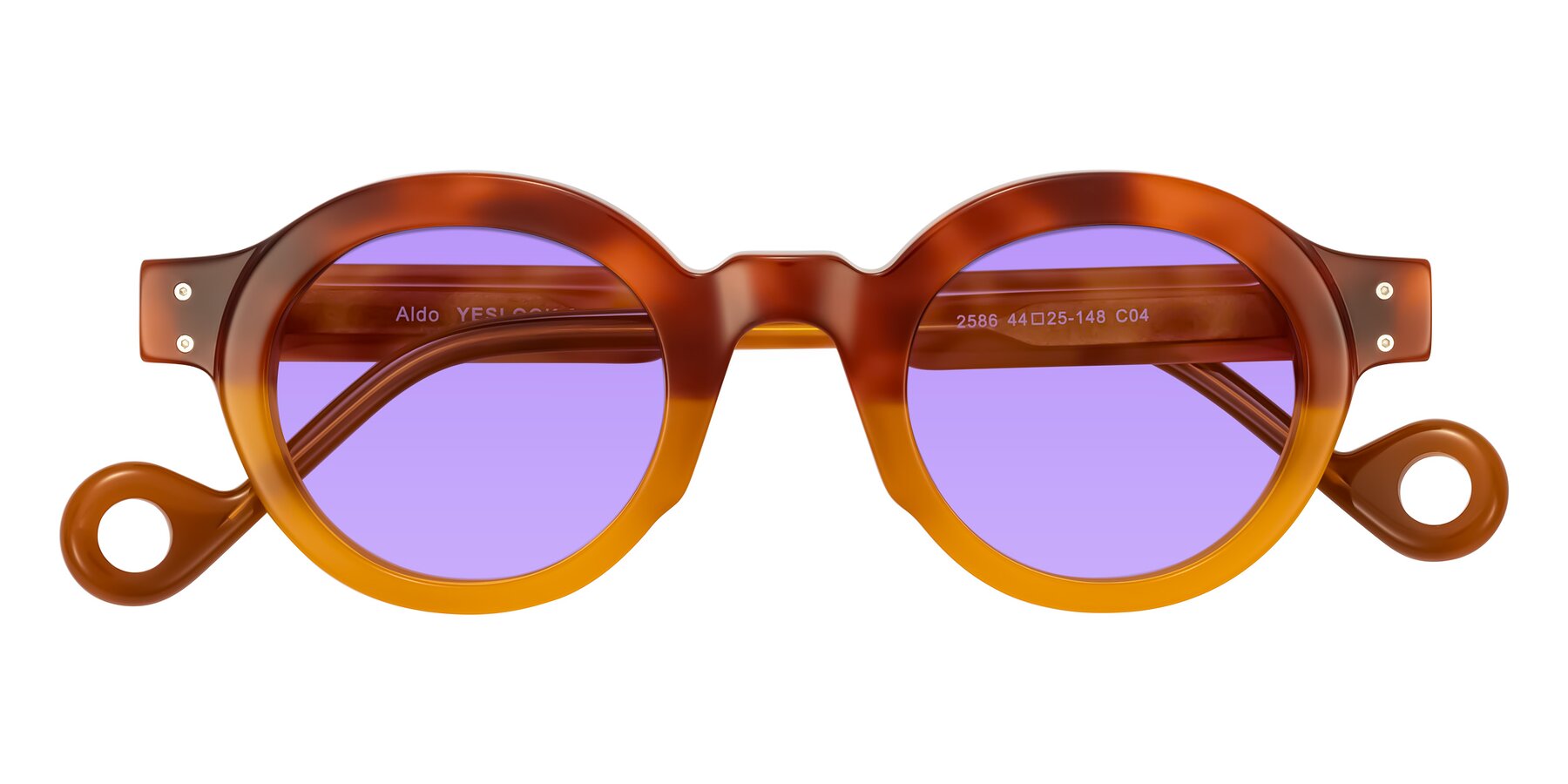 Folded Front of Aldo in Light Tortoise/Caramel with Medium Purple Tinted Lenses