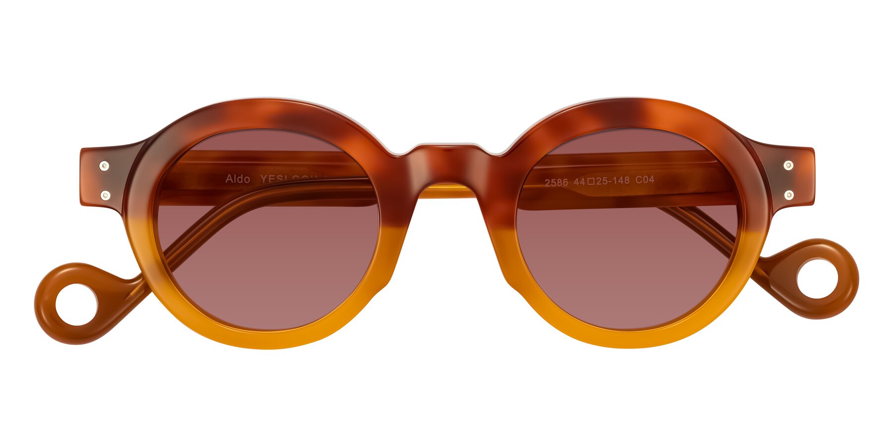 Folded Front of Aldo in Light Tortoise/Caramel with Garnet Tinted Lenses