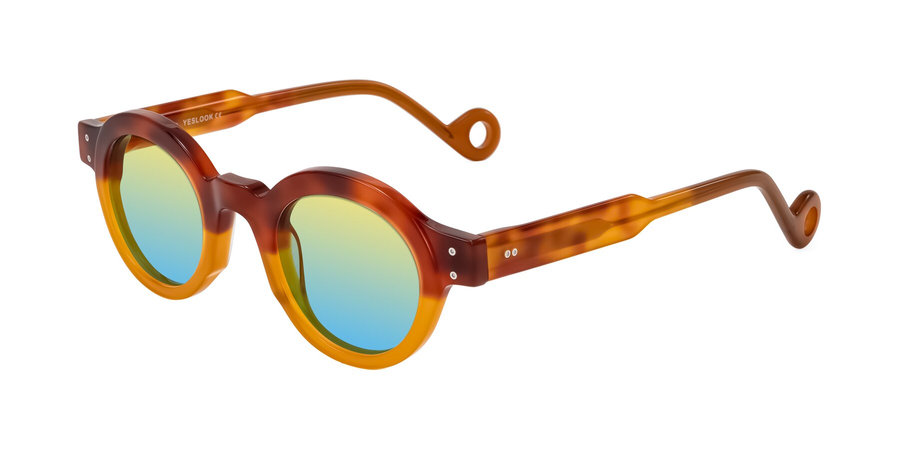 Angle of Aldo in Light Tortoise/Caramel with Yellow / Blue Gradient Lenses